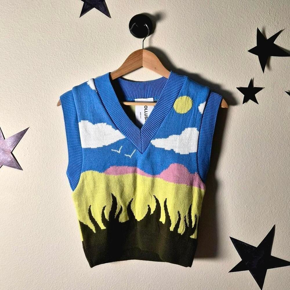 Collusion Y2K Printed Knit Sweater Vest Art To Wear Cartoon Kidcore Streetwear S